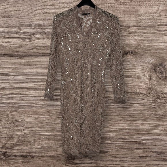Taupe Sequin Lace Dress by Marina - Picture 3 of 6